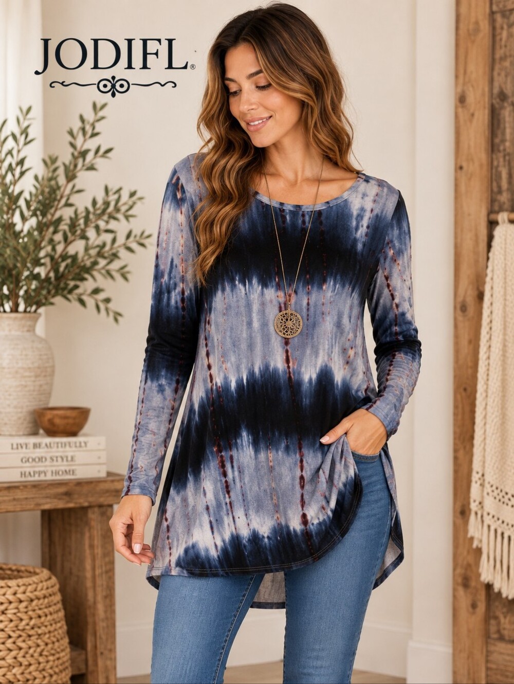 JODIFL Tie Dye Tunic Top Long Sleeve Blue Gray Navy Boho Flowy‎ Stretch Size M